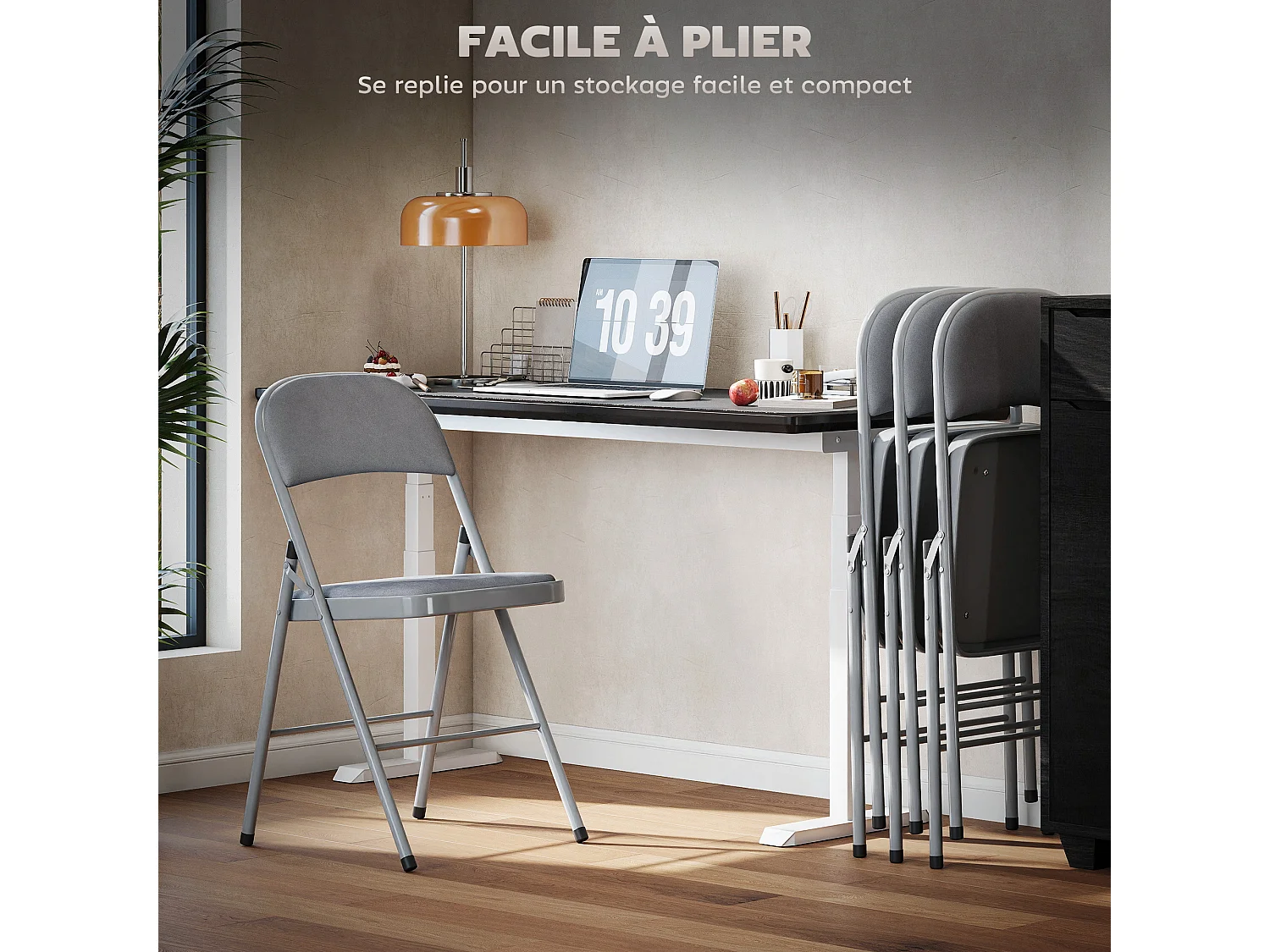 Lot de 4 chaises pliantes assise dossier rembourrés acier velours gris