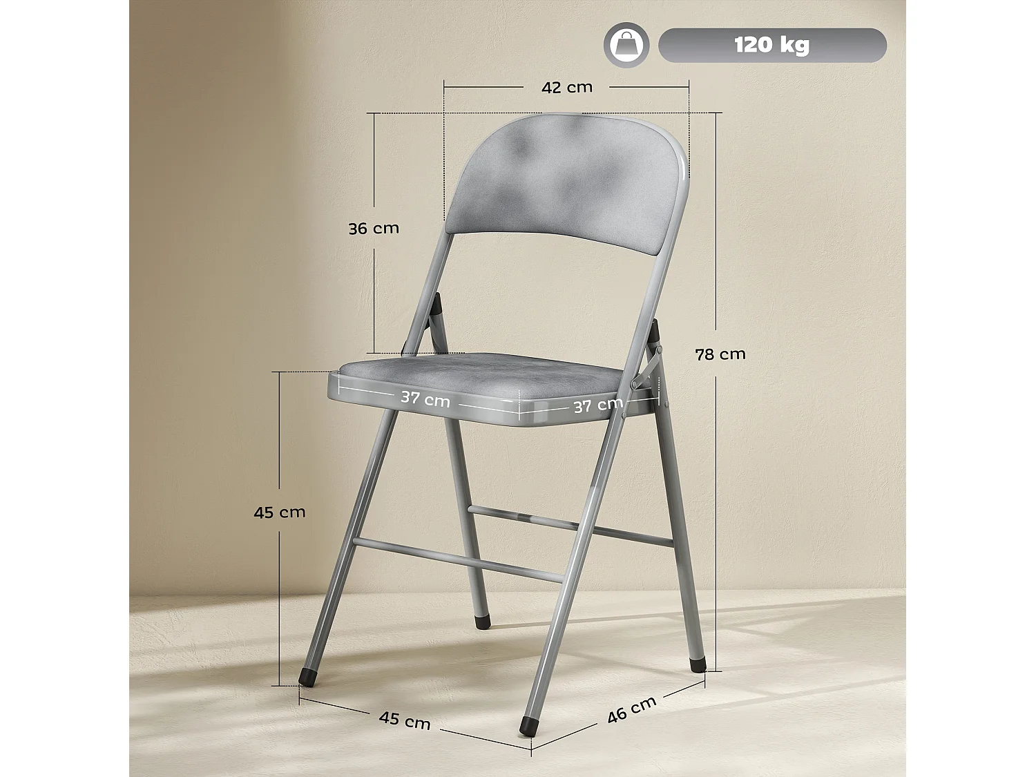 Lot de 4 chaises pliantes assise dossier rembourrés acier velours gris