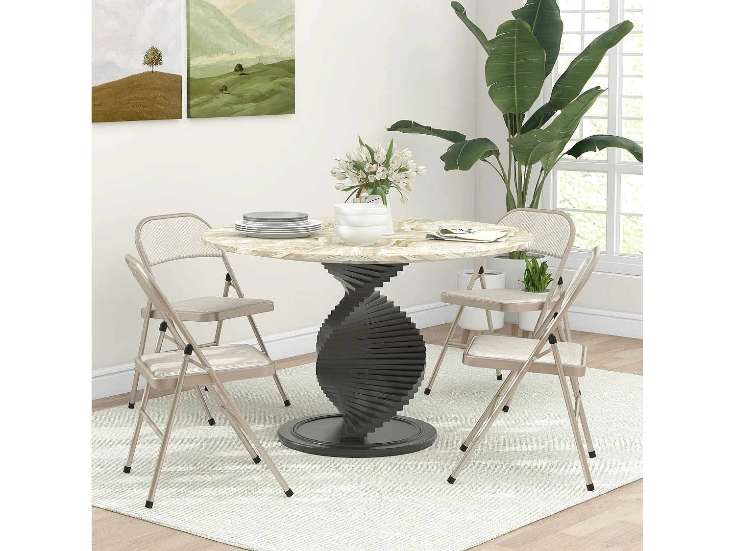 Lot de 4 chaises pliantes assise dossier rembourrés acier tissu toucher lin beige