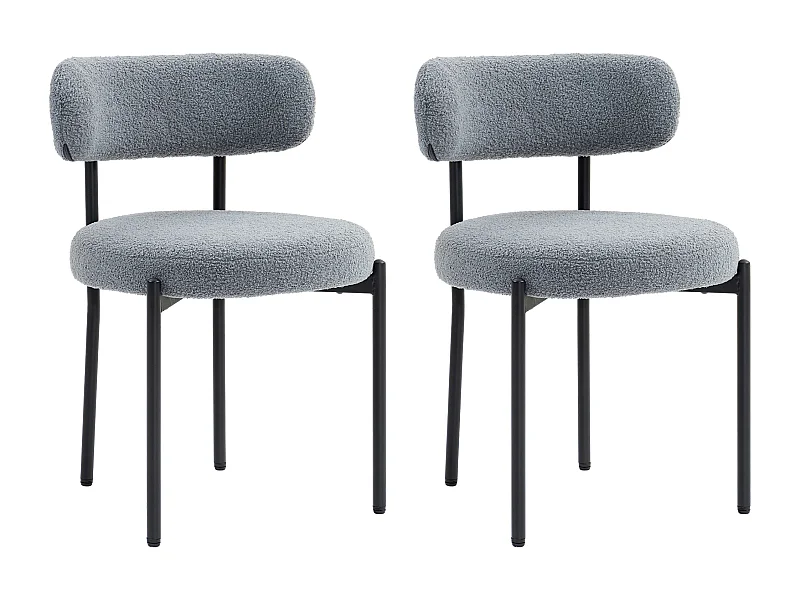 Lot de 2 chaises de salon style néo-rétro - assise ronde, dossier enveloppant - acier noir effet laine bouclée gris