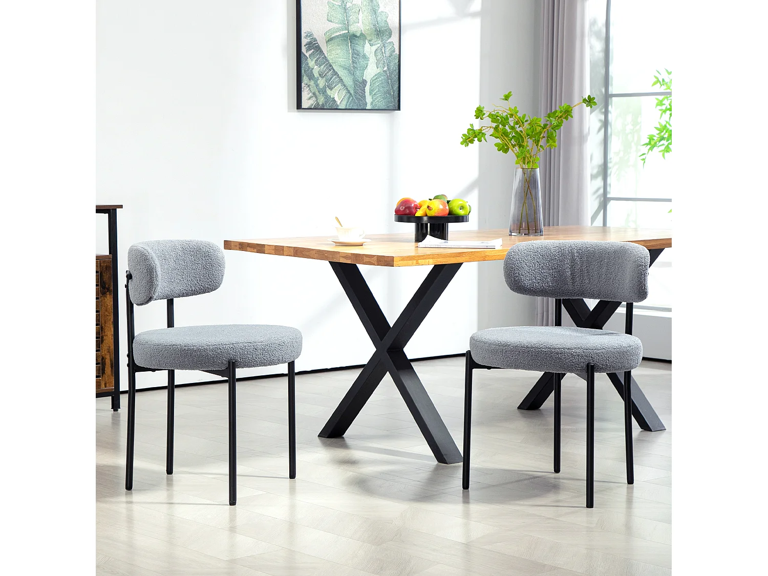 Lot de 2 chaises de salon style néo-rétro - assise ronde, dossier enveloppant - acier noir effet laine bouclée gris