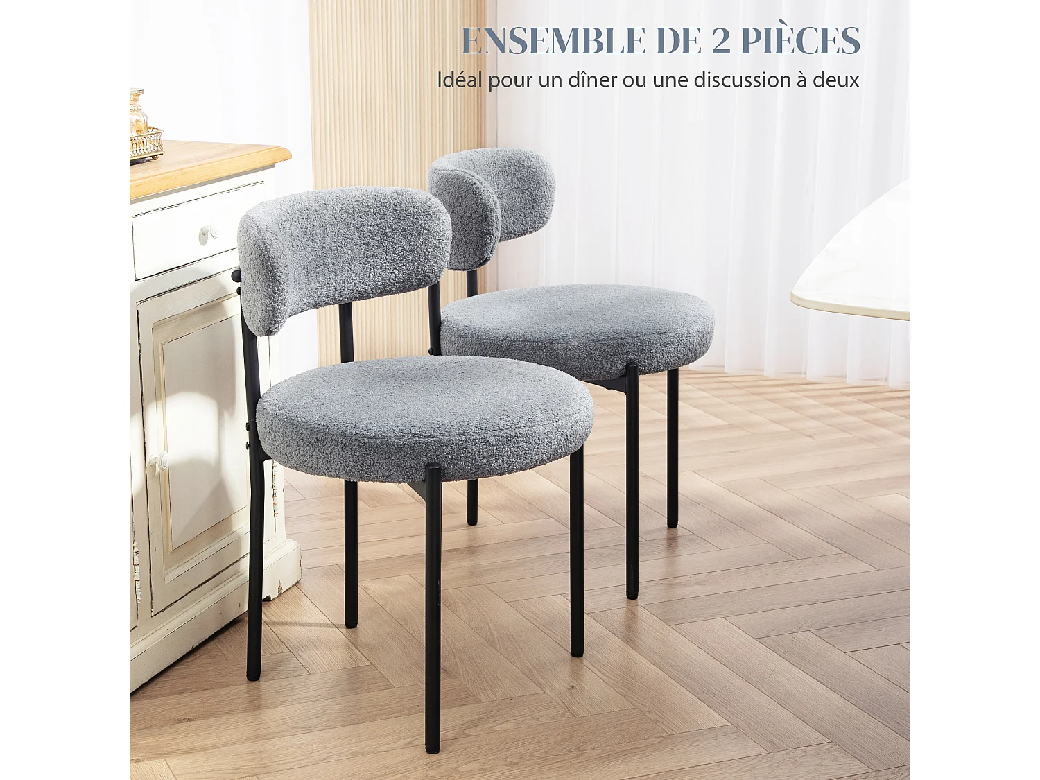 Lot de 2 chaises de salon style néo-rétro - assise ronde, dossier enveloppant - acier noir effet laine bouclée gris