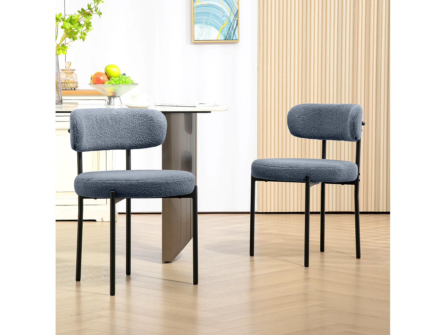 Lot de 2 chaises de salon style néo-rétro - assise ronde, dossier enveloppant - acier noir effet laine bouclée gris