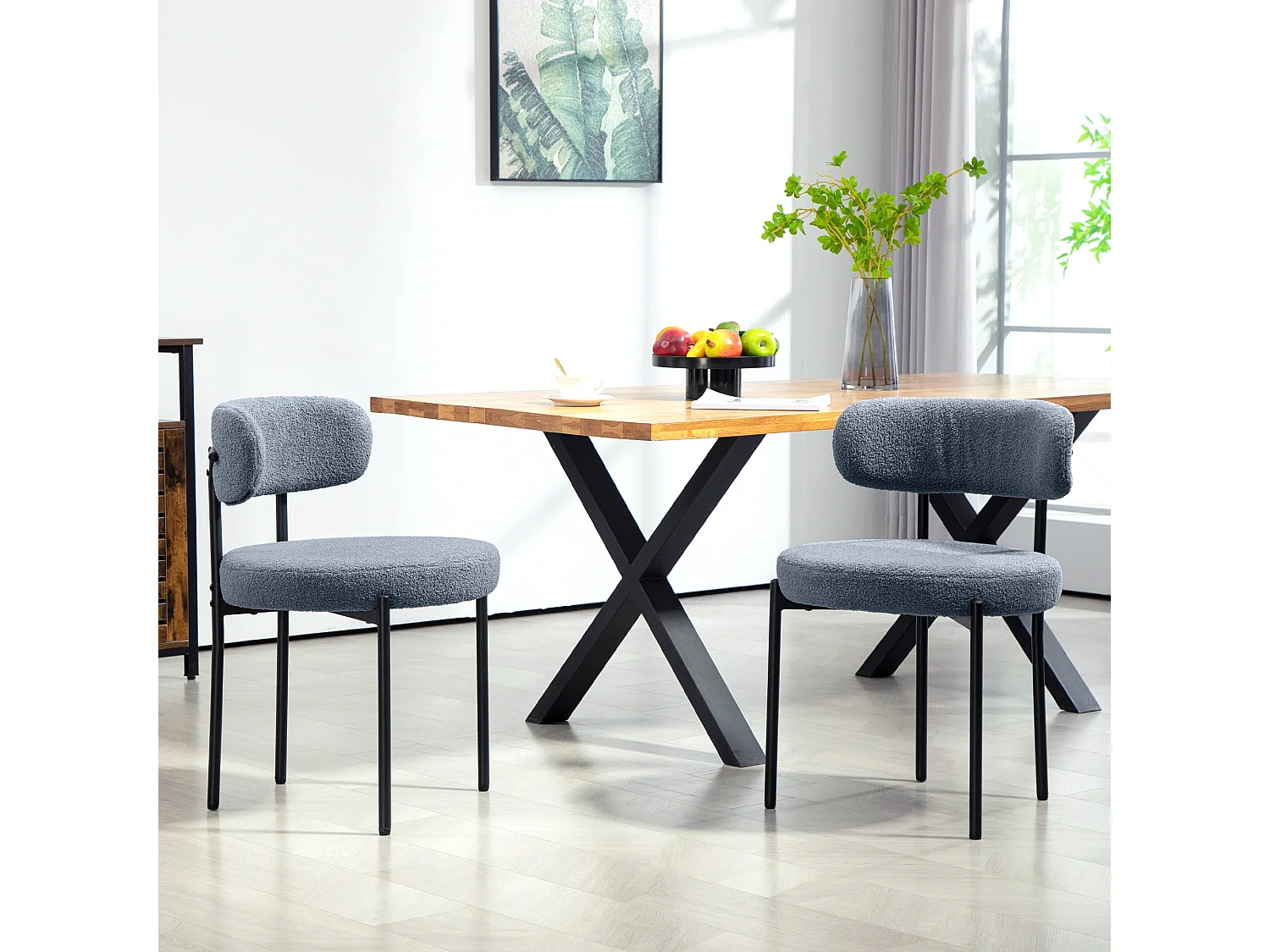 Lot de 2 chaises de salon style néo-rétro - assise ronde, dossier enveloppant - acier noir effet laine bouclée gris