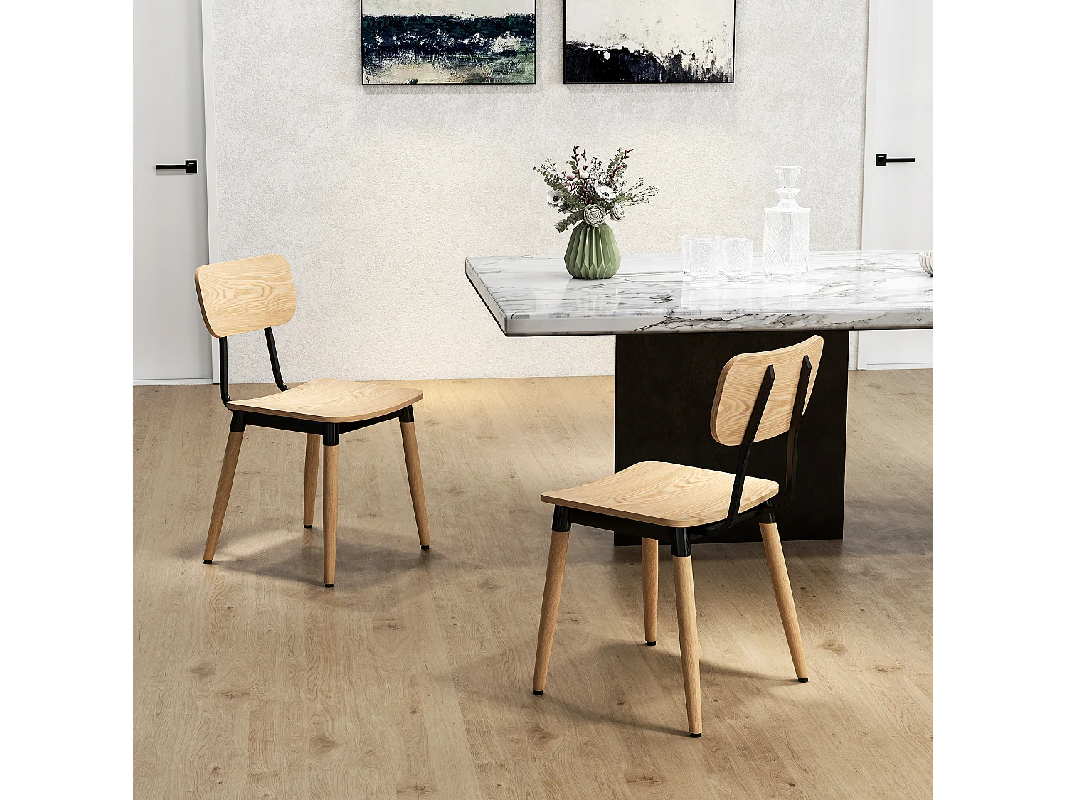 Lot de 2 chaises de salon style nordique néo-rétro piètement acier effilé effet bois