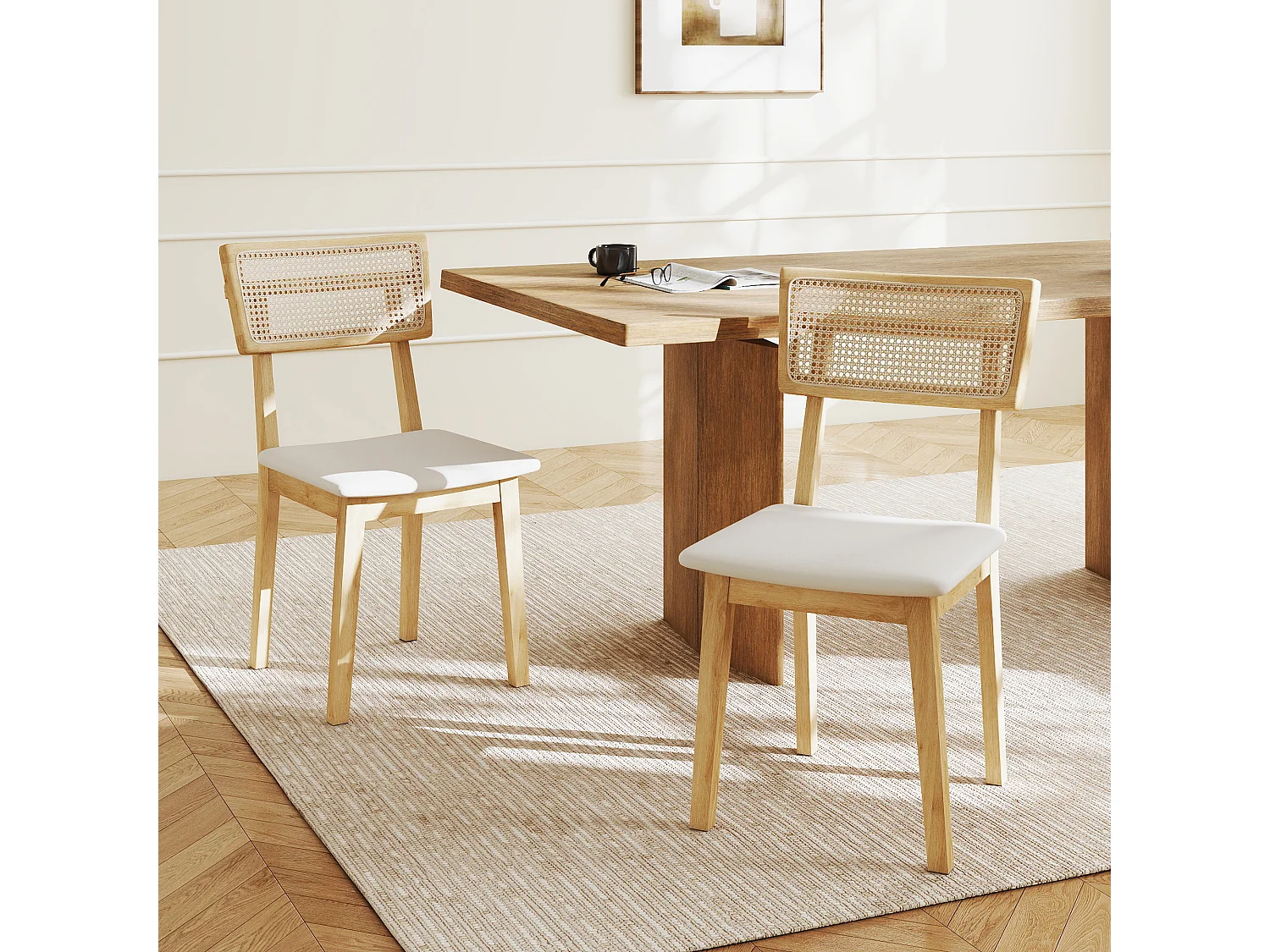 Lot de 2 chaises de salle à manger, chaises de cuisine modernes avec dossier effet rotin, cadre en bois d'hévéa, pour salon, chambre, cuisine, effet bois naturel