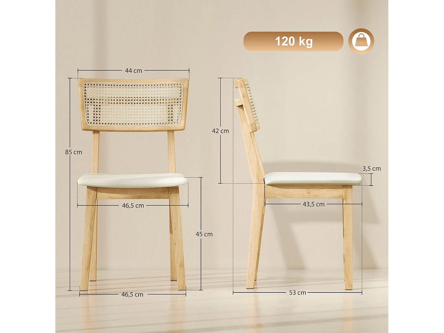 Lot de 2 chaises de salle à manger, chaises de cuisine modernes avec dossier effet rotin, cadre en bois d'hévéa, pour salon, chambre, cuisine, effet bois naturel