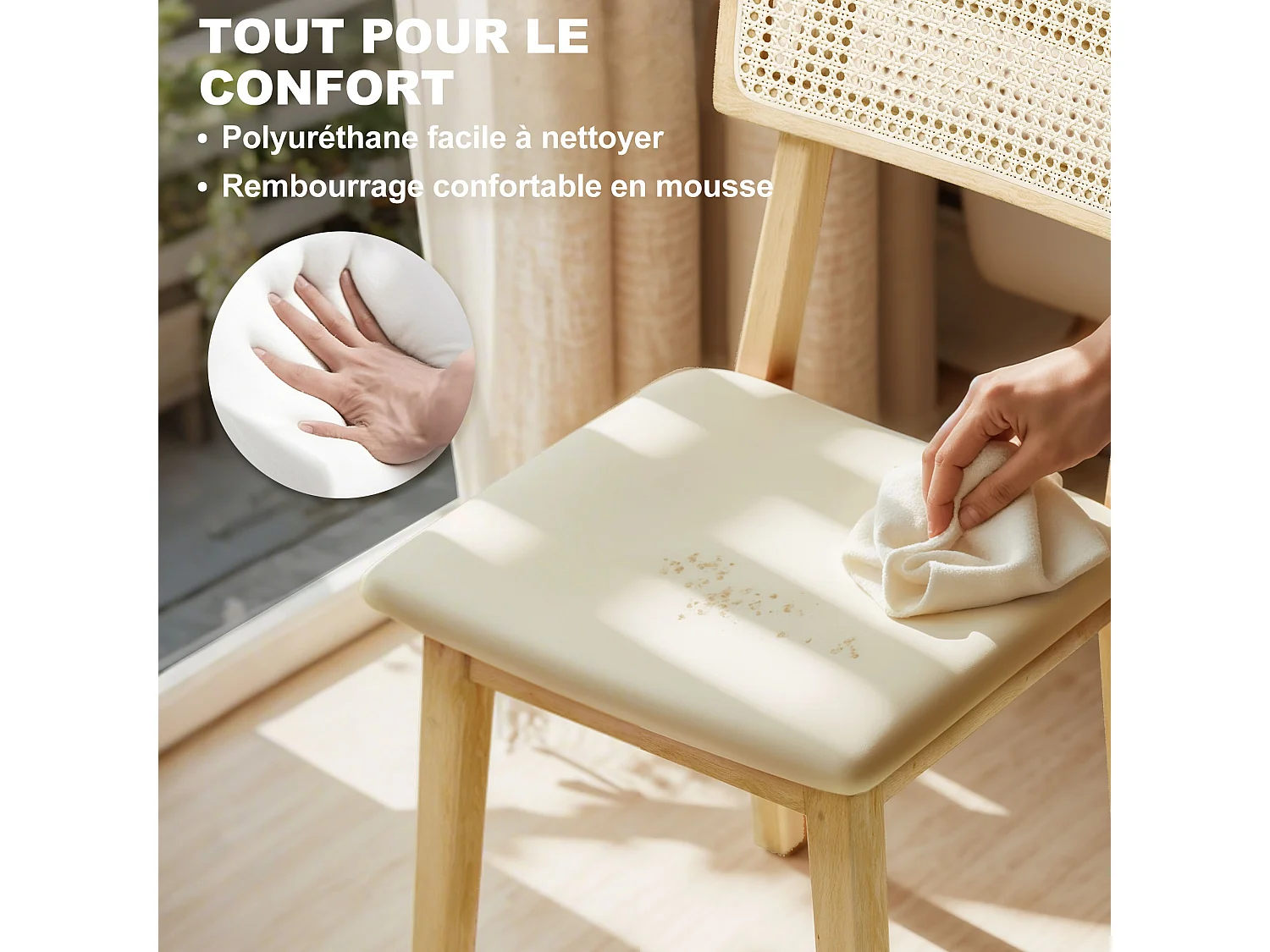 Lot de 2 chaises de salle à manger, chaises de cuisine modernes avec dossier effet rotin, cadre en bois d'hévéa, pour salon, chambre, cuisine, effet bois naturel