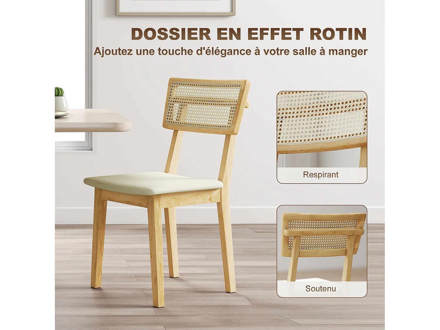 Lot de 2 chaises de salle à manger, chaises de cuisine modernes avec dossier effet rotin, cadre en bois d'hévéa, pour salon, chambre, cuisine, effet bois naturel
