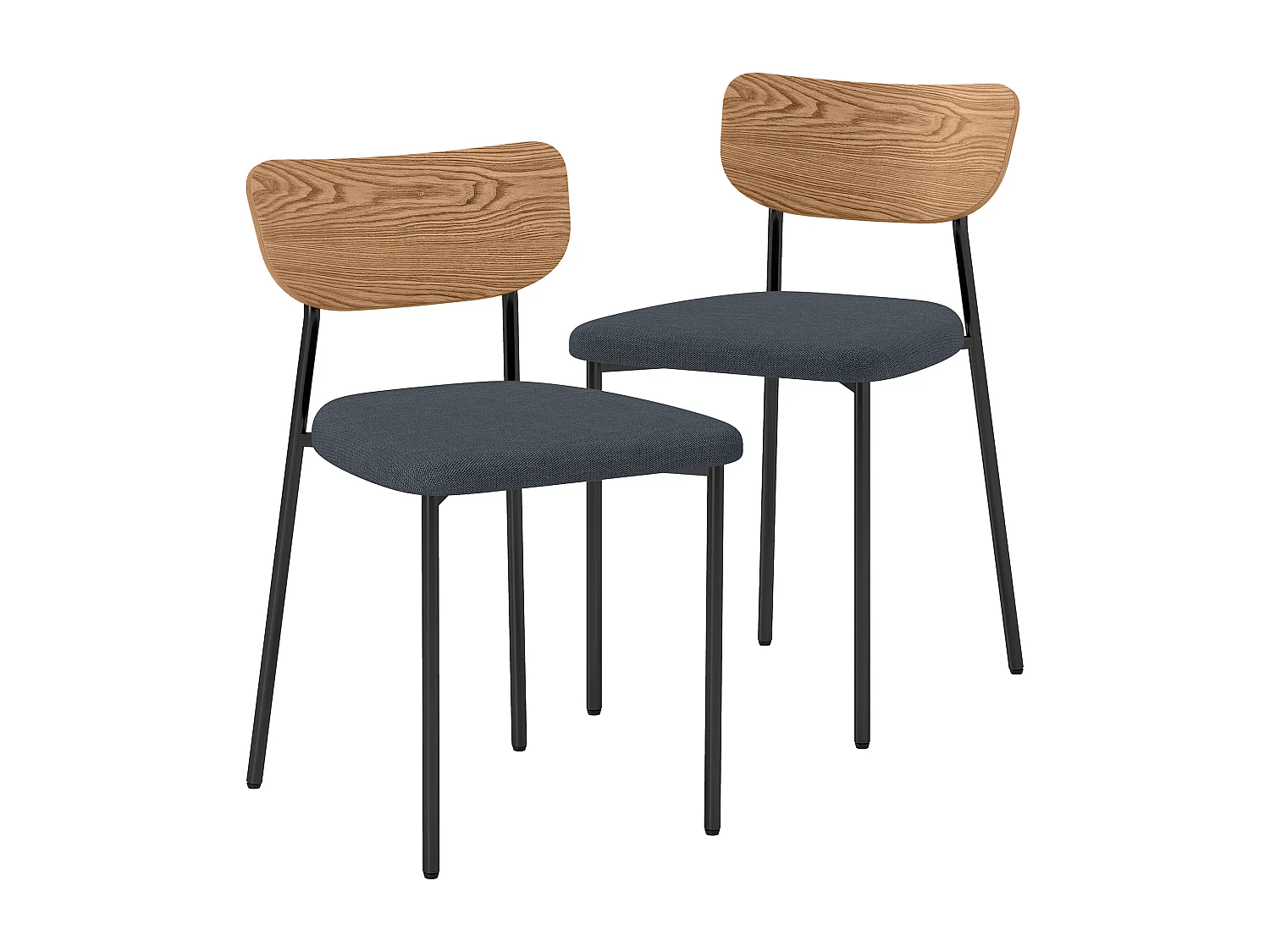 Lot de 2 chaises de salon style néo-rétro assise rembourré tissu gris piètement acier noir dossier effet bois