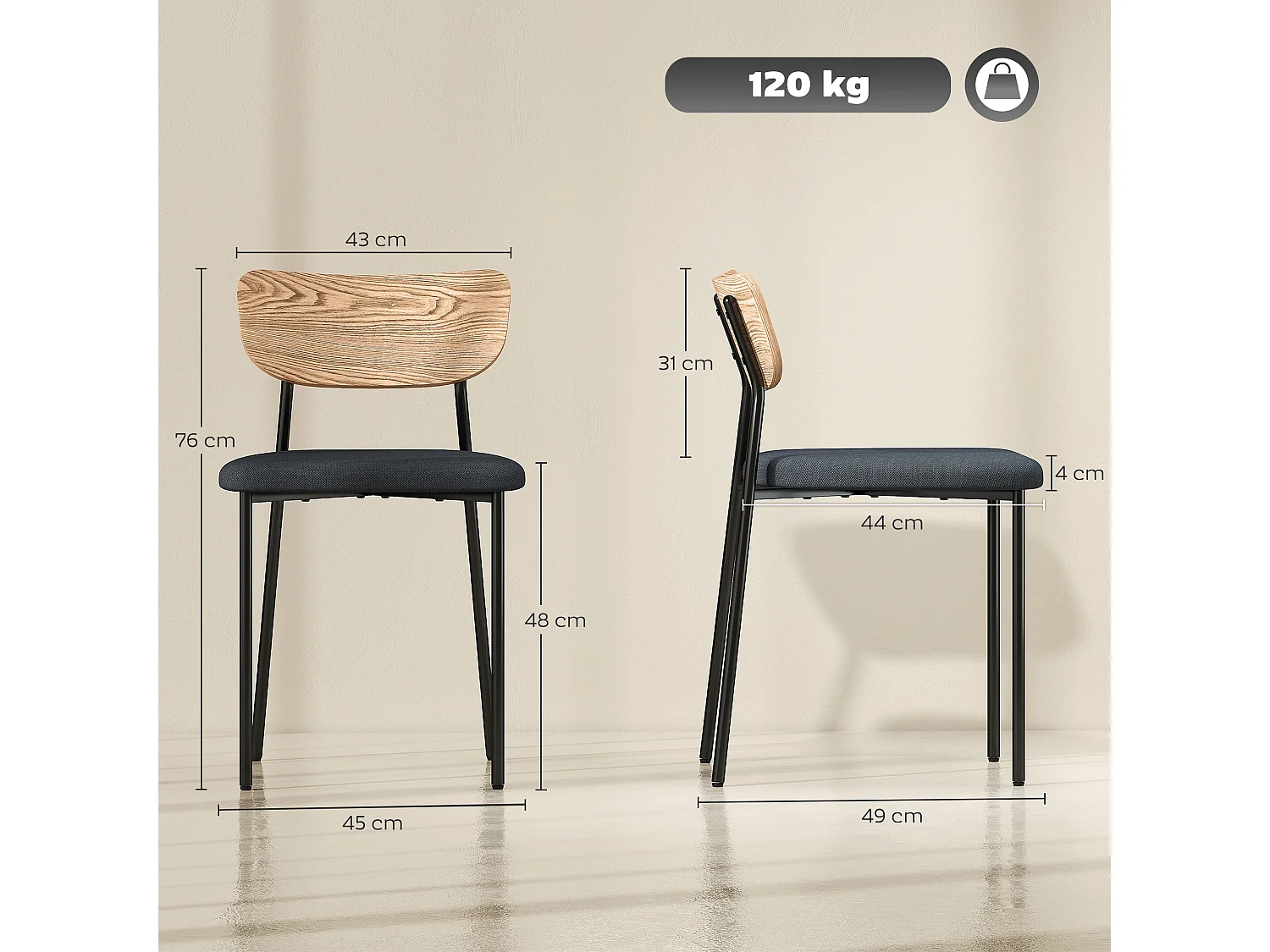 Lot de 2 chaises de salon style néo-rétro assise rembourré tissu gris piètement acier noir dossier effet bois