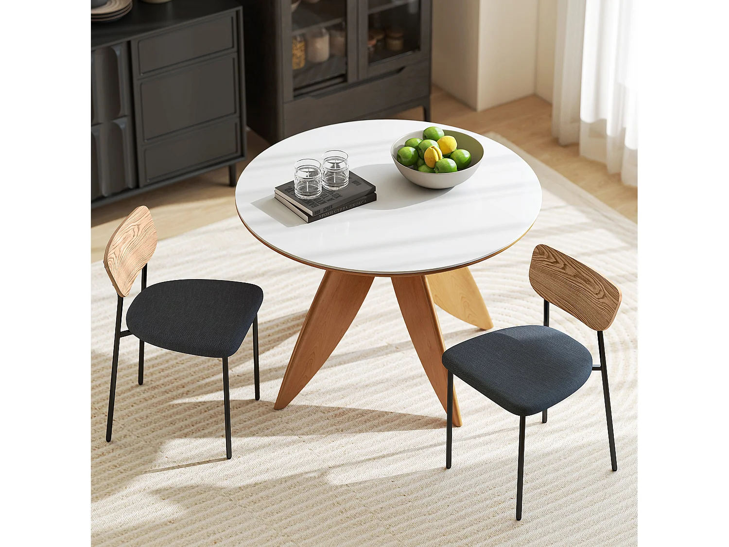 Lot de 2 chaises de salon style néo-rétro assise rembourré tissu gris piètement acier noir dossier effet bois