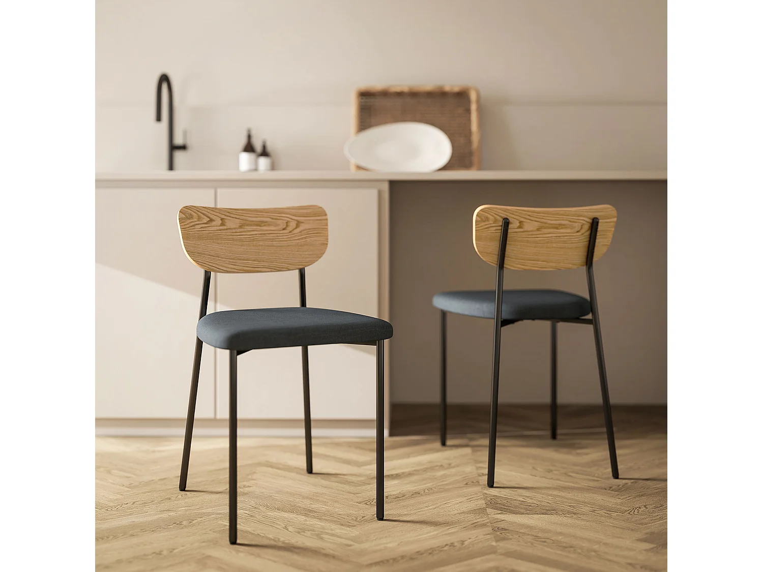 Lot de 2 chaises de salon style néo-rétro assise rembourré tissu gris piètement acier noir dossier effet bois