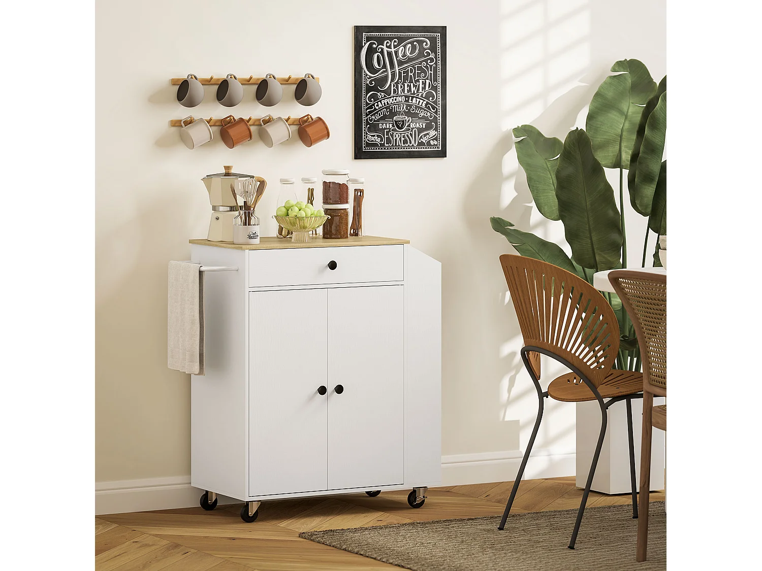 Desserte cuisine - chariot de cuisine - 2 portes, étagère, tiroir, 3 étagères à épices - effet bois clair blanc