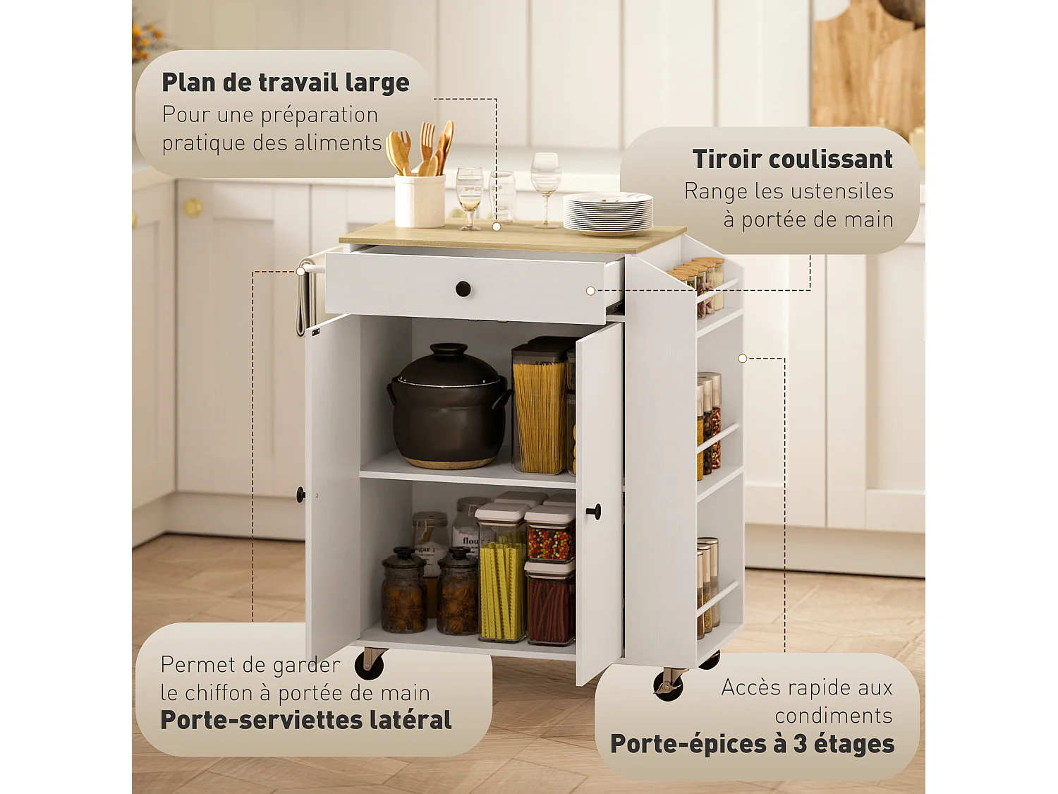 Desserte cuisine - chariot de cuisine - 2 portes, étagère, tiroir, 3 étagères à épices - effet bois clair blanc