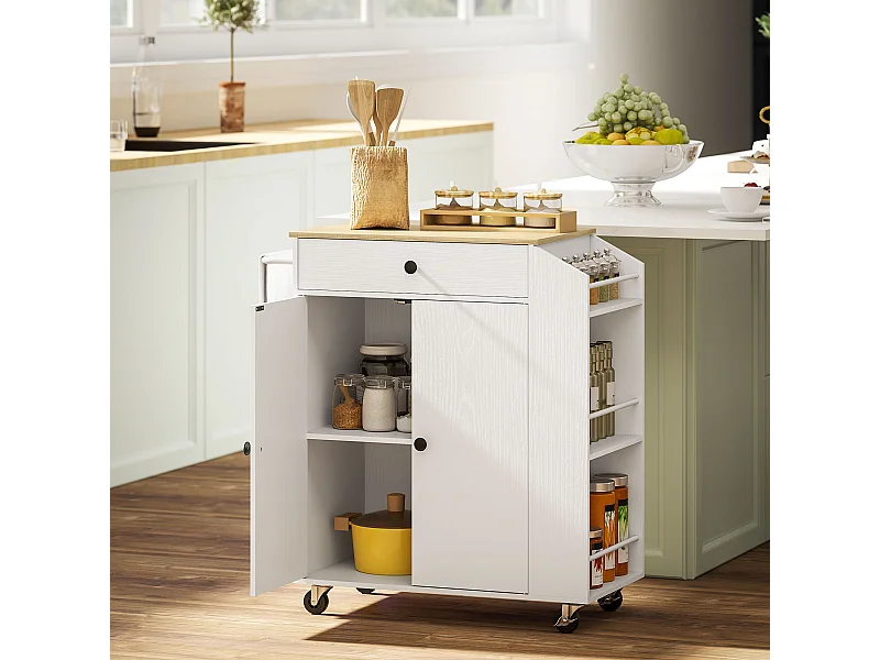 Desserte cuisine - chariot de cuisine - 2 portes, étagère, tiroir, 3 étagères à épices - effet bois clair blanc