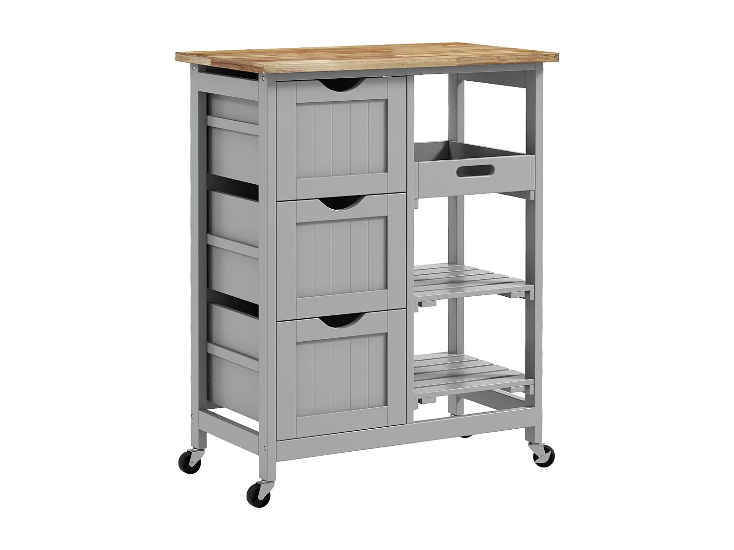 Desserte de cuisine multi-rangement - 3 tiroirs, 2 étagères, plateau amovible - bois hévéa MDF gris