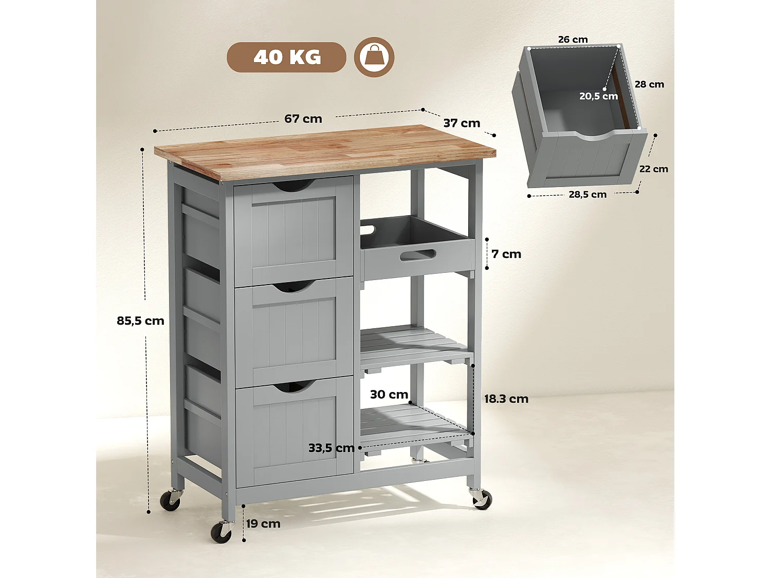 Desserte de cuisine multi-rangement - 3 tiroirs, 2 étagères, plateau amovible - bois hévéa MDF gris