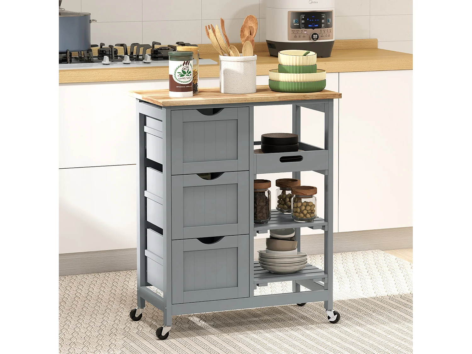 Desserte de cuisine multi-rangement - 3 tiroirs, 2 étagères, plateau amovible - bois hévéa MDF gris