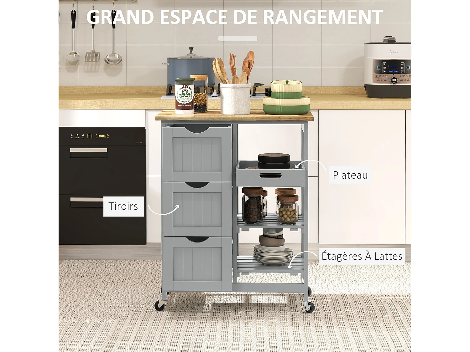 Desserte de cuisine multi-rangement - 3 tiroirs, 2 étagères, plateau amovible - bois hévéa MDF gris