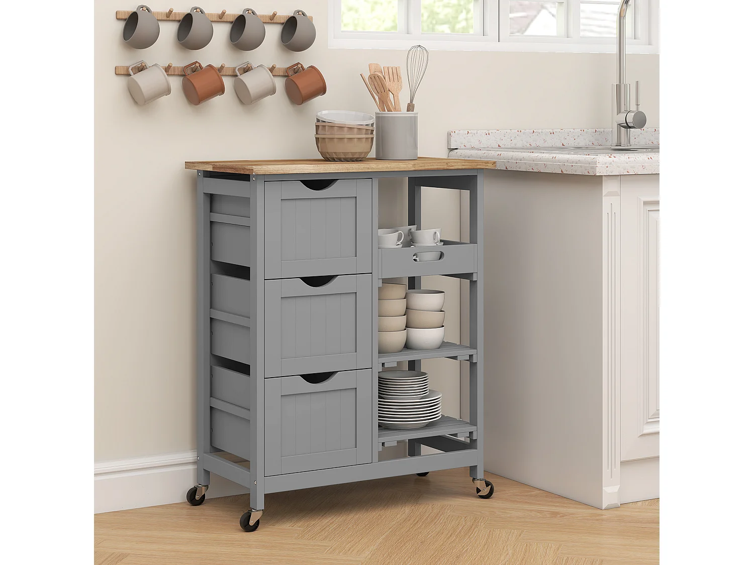 Desserte de cuisine multi-rangement - 3 tiroirs, 2 étagères, plateau amovible - bois hévéa MDF gris