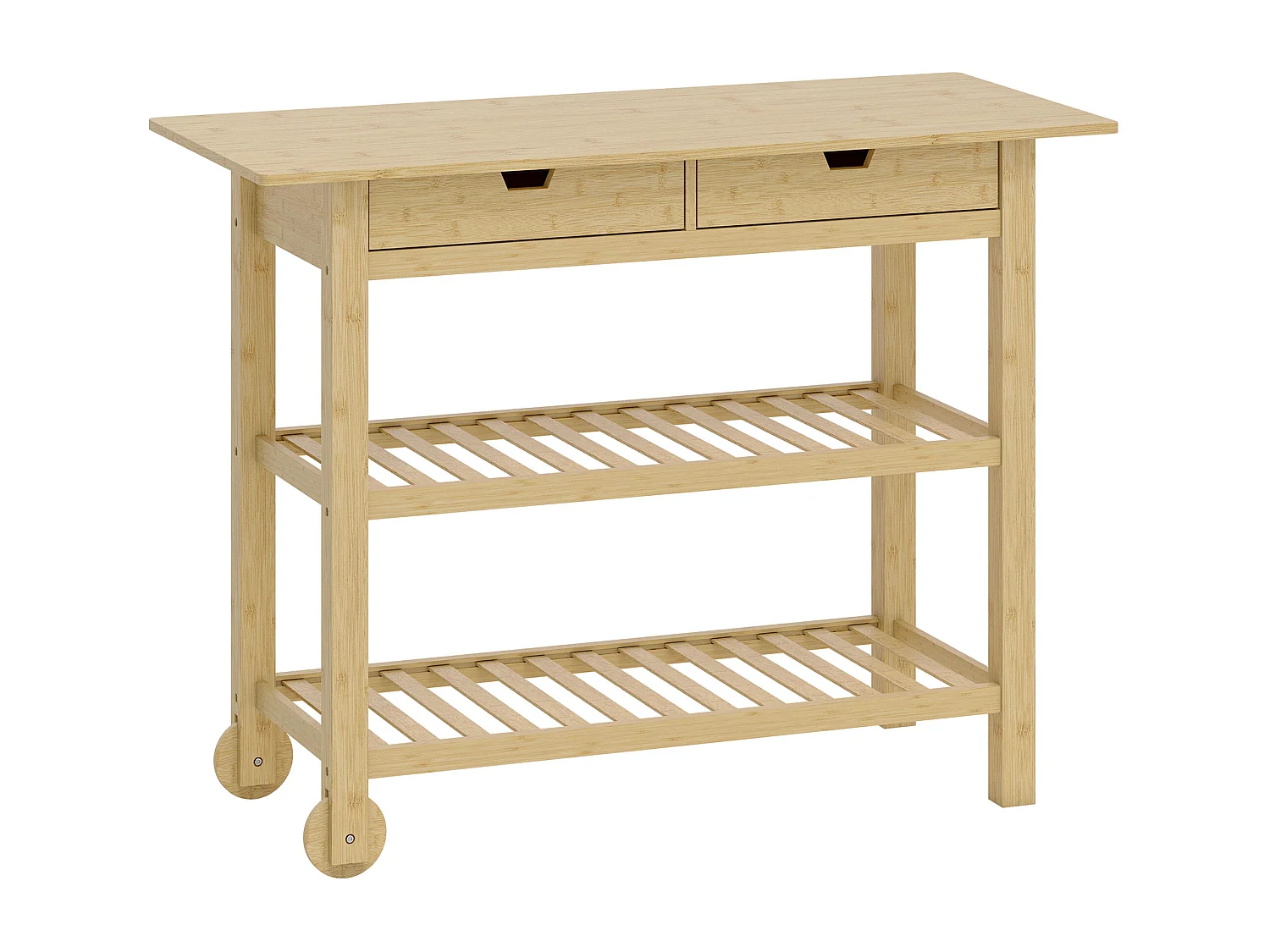 Desserte style cosy naturel bois bambou verni 2 roues - 2 tiroirs - 2 étagères