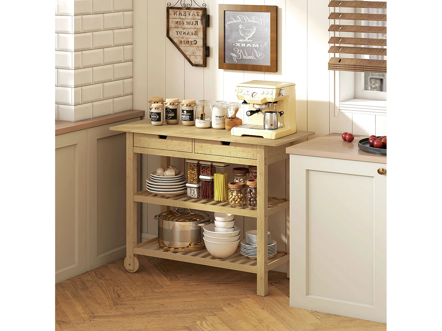 Desserte style cosy naturel bois bambou verni 2 roues - 2 tiroirs - 2 étagères