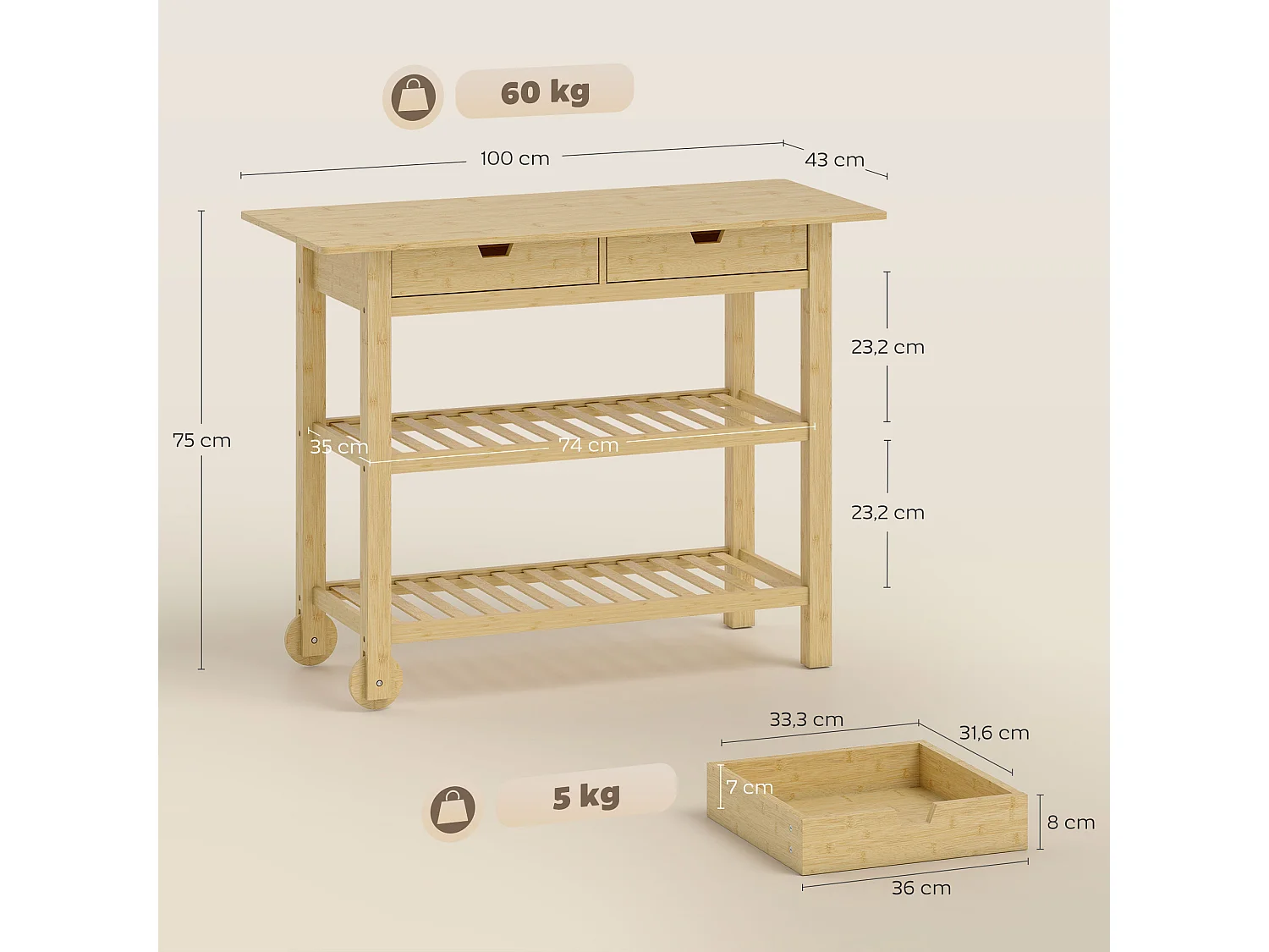 Desserte style cosy naturel bois bambou verni 2 roues - 2 tiroirs - 2 étagères