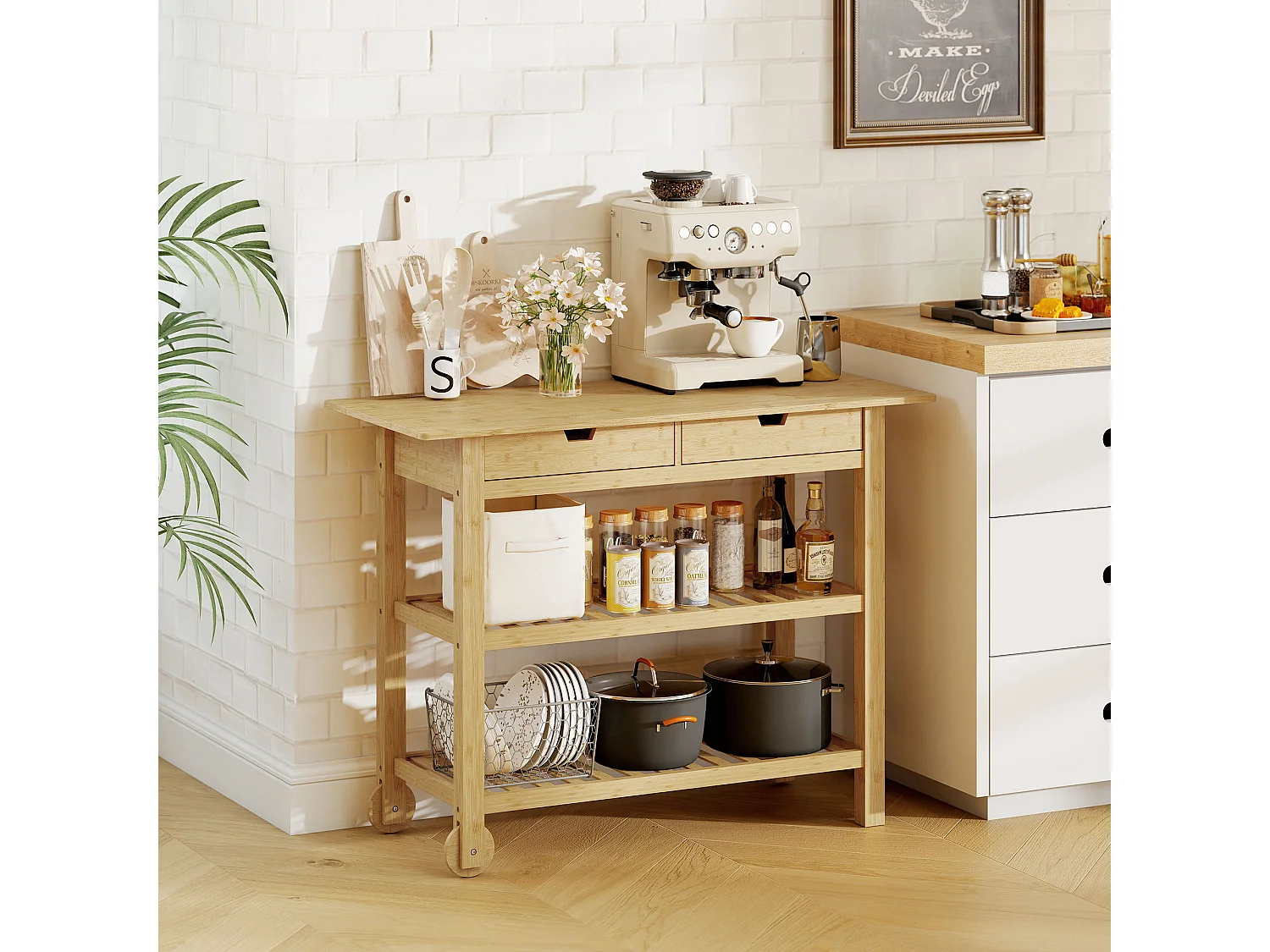 Desserte style cosy naturel bois bambou verni 2 roues - 2 tiroirs - 2 étagères