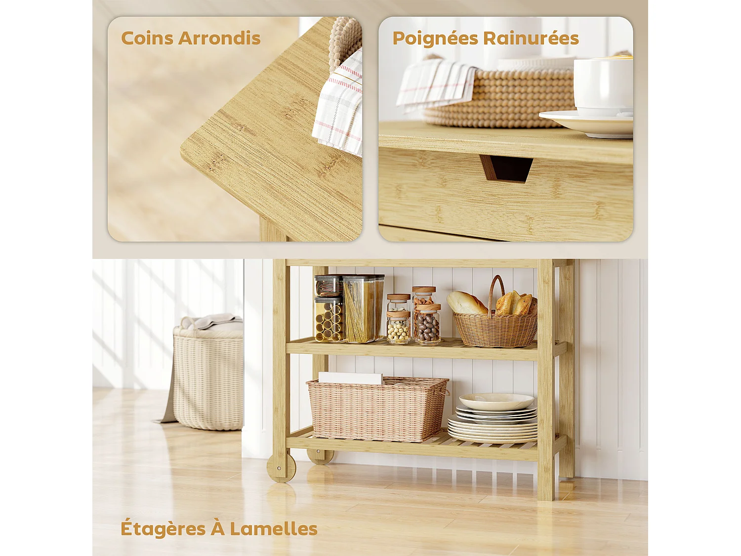 Desserte style cosy naturel bois bambou verni 2 roues - 2 tiroirs - 2 étagères