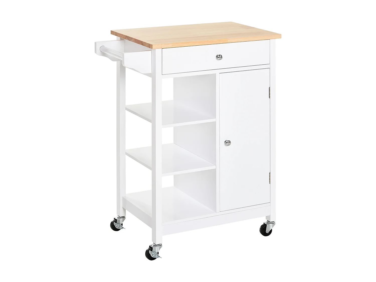 Desserte cuisine - chariot de service - porte, 3 étagères, tiroir, porte-serviettes - blanc plateau bois hévéa verni