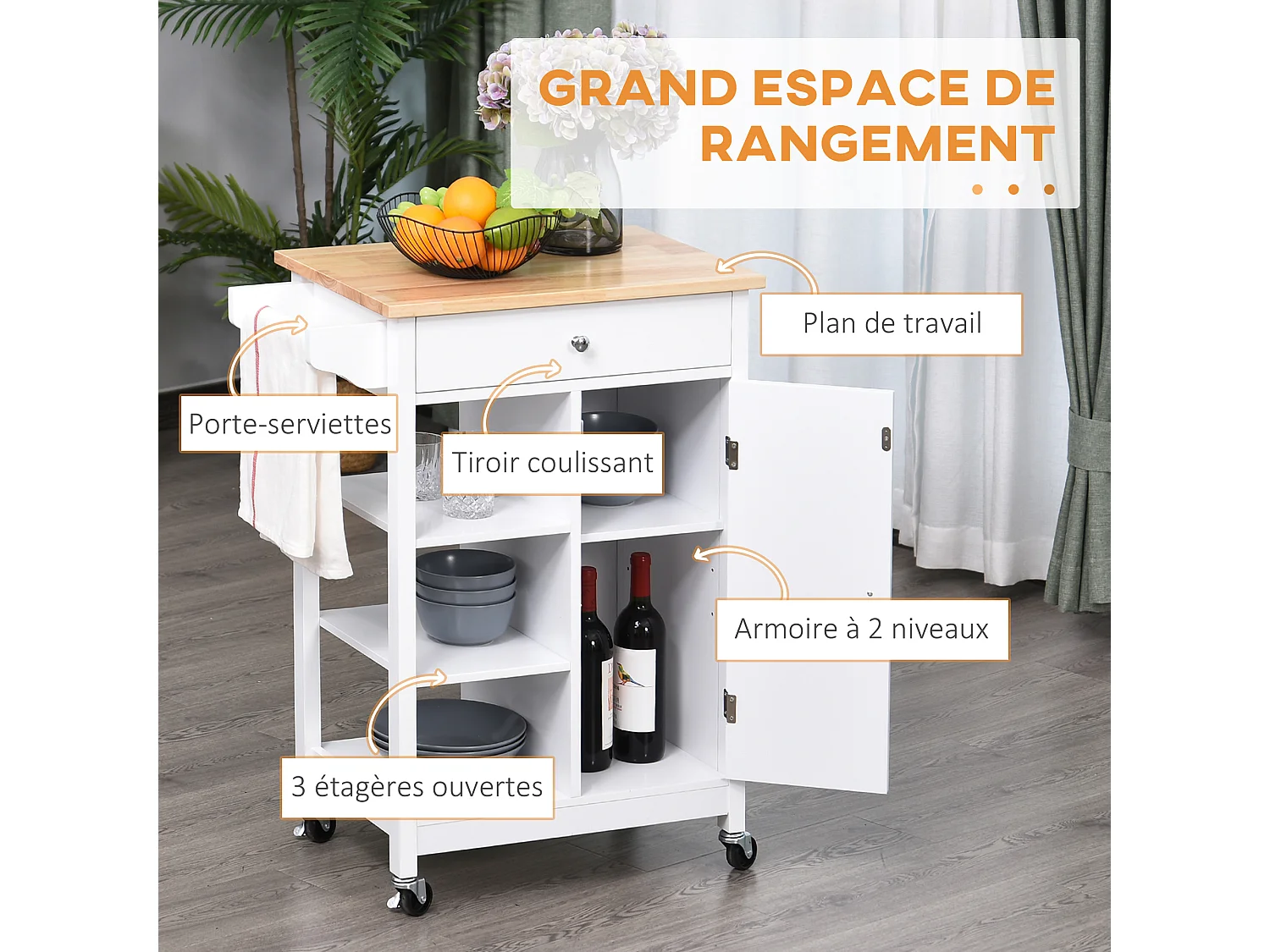 Desserte cuisine - chariot de service - porte, 3 étagères, tiroir, porte-serviettes - blanc plateau bois hévéa verni