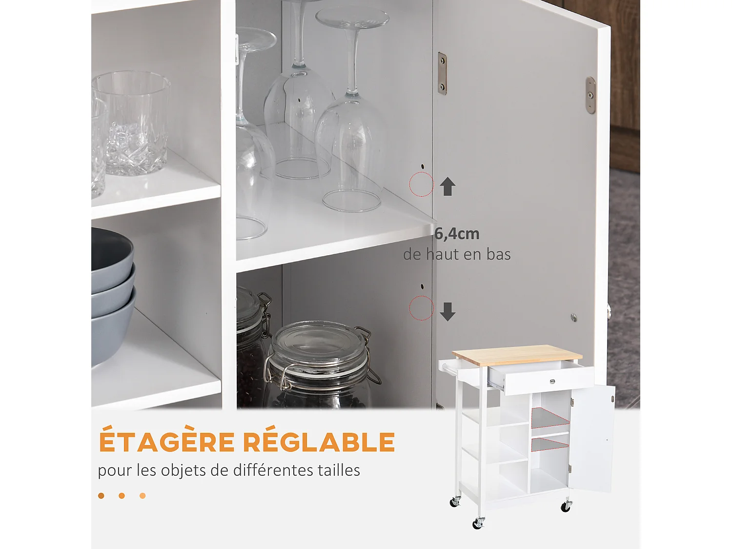 Desserte cuisine - chariot de service - porte, 3 étagères, tiroir, porte-serviettes - blanc plateau bois hévéa verni