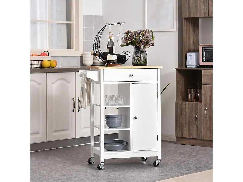 Desserte cuisine - chariot de service - porte, 3 étagères, tiroir, porte-serviettes - blanc plateau bois hévéa verni