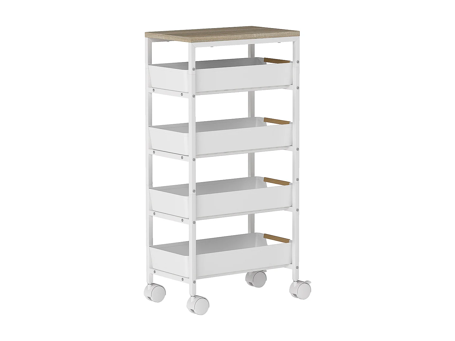 Desserte cuisine 5 niveaux 4 tiroirs coulissants métal PP blanc effet bois clair