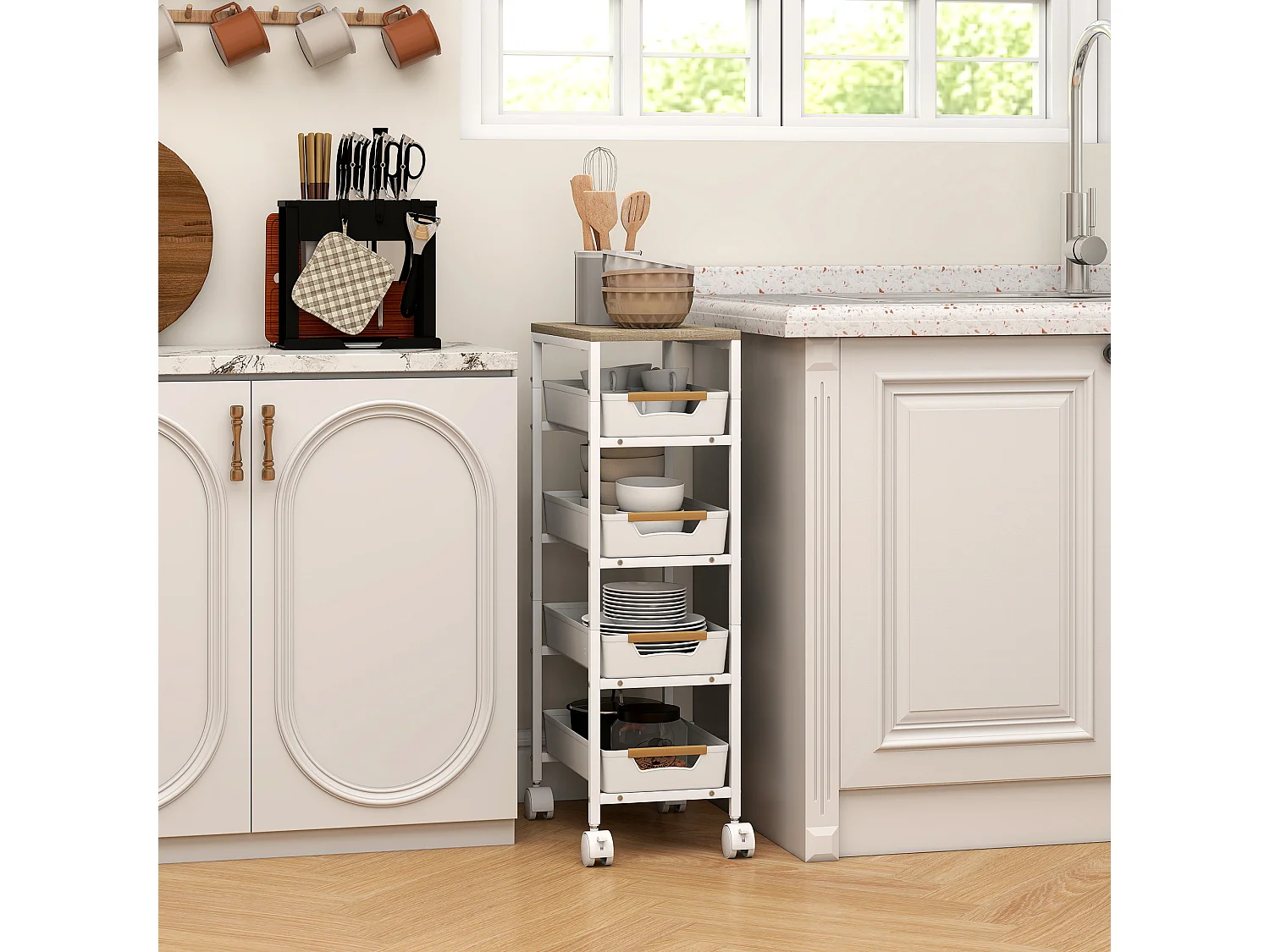 Desserte cuisine 5 niveaux 4 tiroirs coulissants métal PP blanc effet bois clair