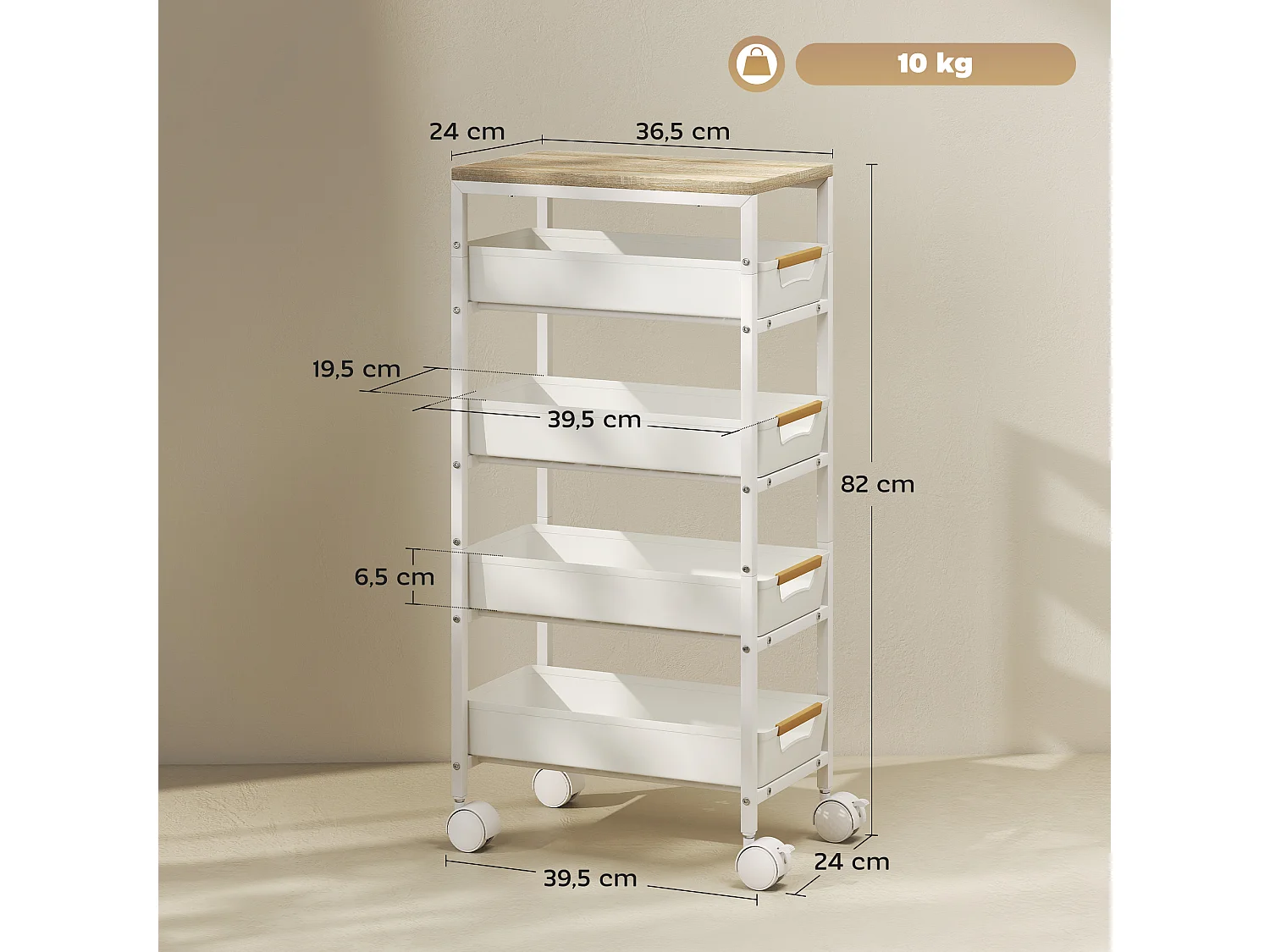 Desserte cuisine 5 niveaux 4 tiroirs coulissants métal PP blanc effet bois clair