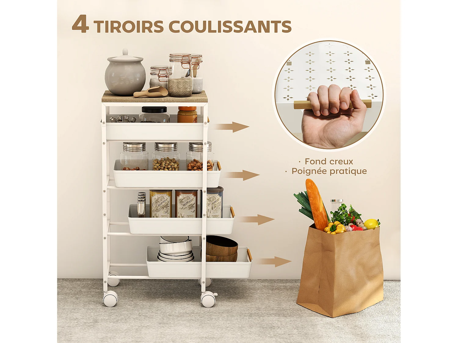Desserte cuisine 5 niveaux 4 tiroirs coulissants métal PP blanc effet bois clair
