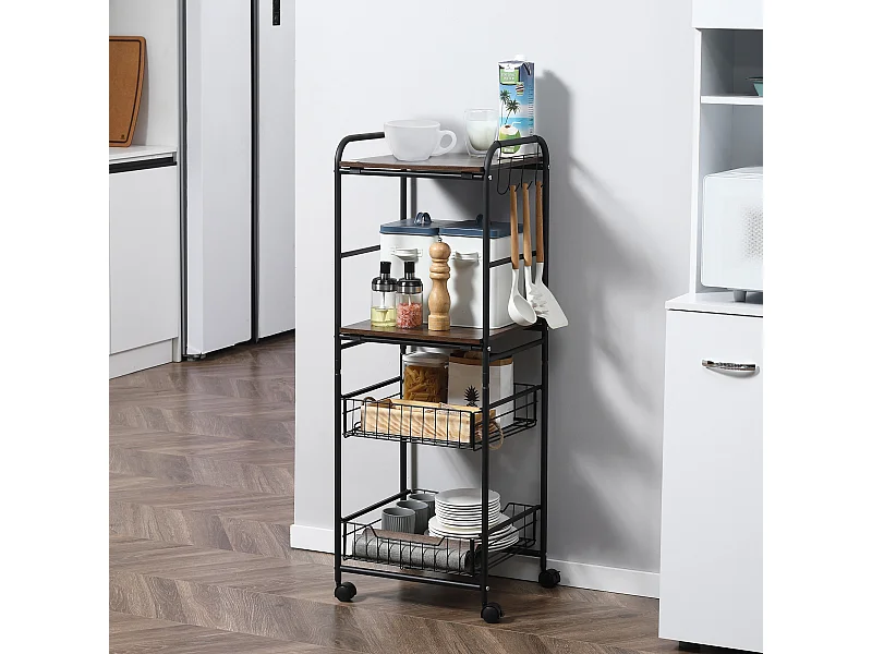 Desserte cuisine style industriel 4 niveaux - 2 paniers amovibles, 2 étagères, 4 crochets - métal noir effet noyer