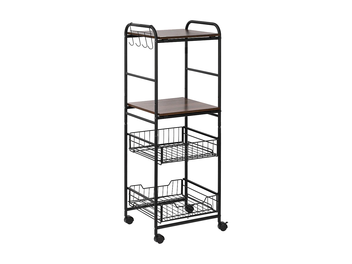 Desserte cuisine style industriel 4 niveaux - 2 paniers amovibles, 2 étagères, 4 crochets - métal noir effet noyer