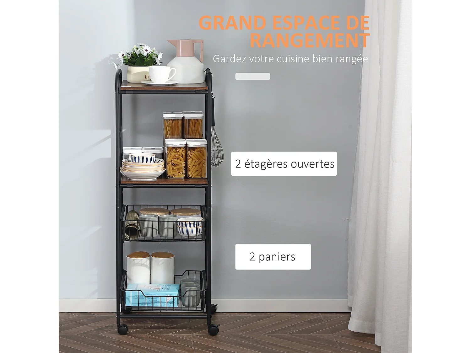 Desserte cuisine style industriel 4 niveaux - 2 paniers amovibles, 2 étagères, 4 crochets - métal noir effet noyer