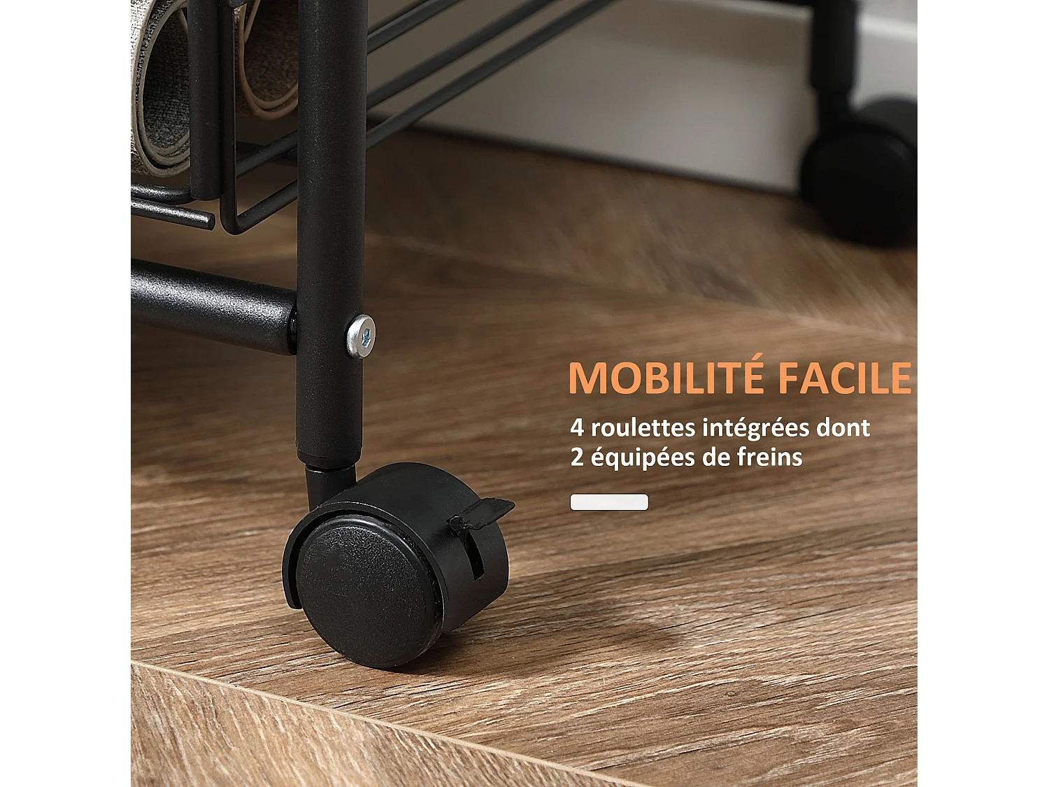 Desserte cuisine style industriel 4 niveaux - 2 paniers amovibles, 2 étagères, 4 crochets - métal noir effet noyer