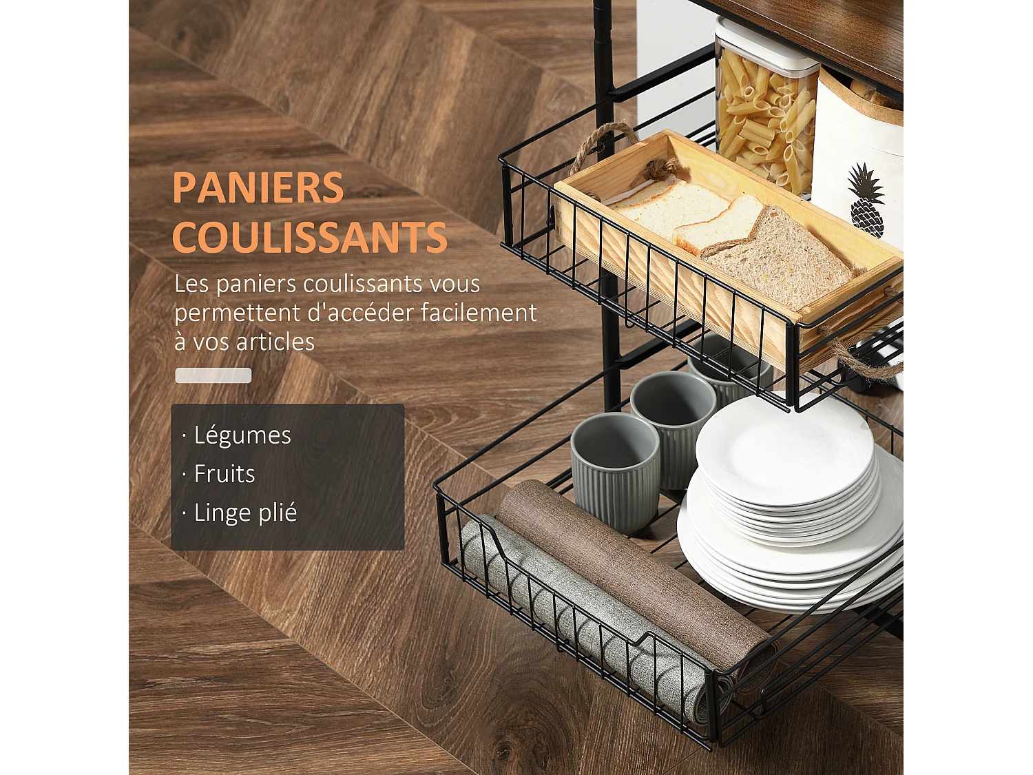 Desserte cuisine style industriel 4 niveaux - 2 paniers amovibles, 2 étagères, 4 crochets - métal noir effet noyer