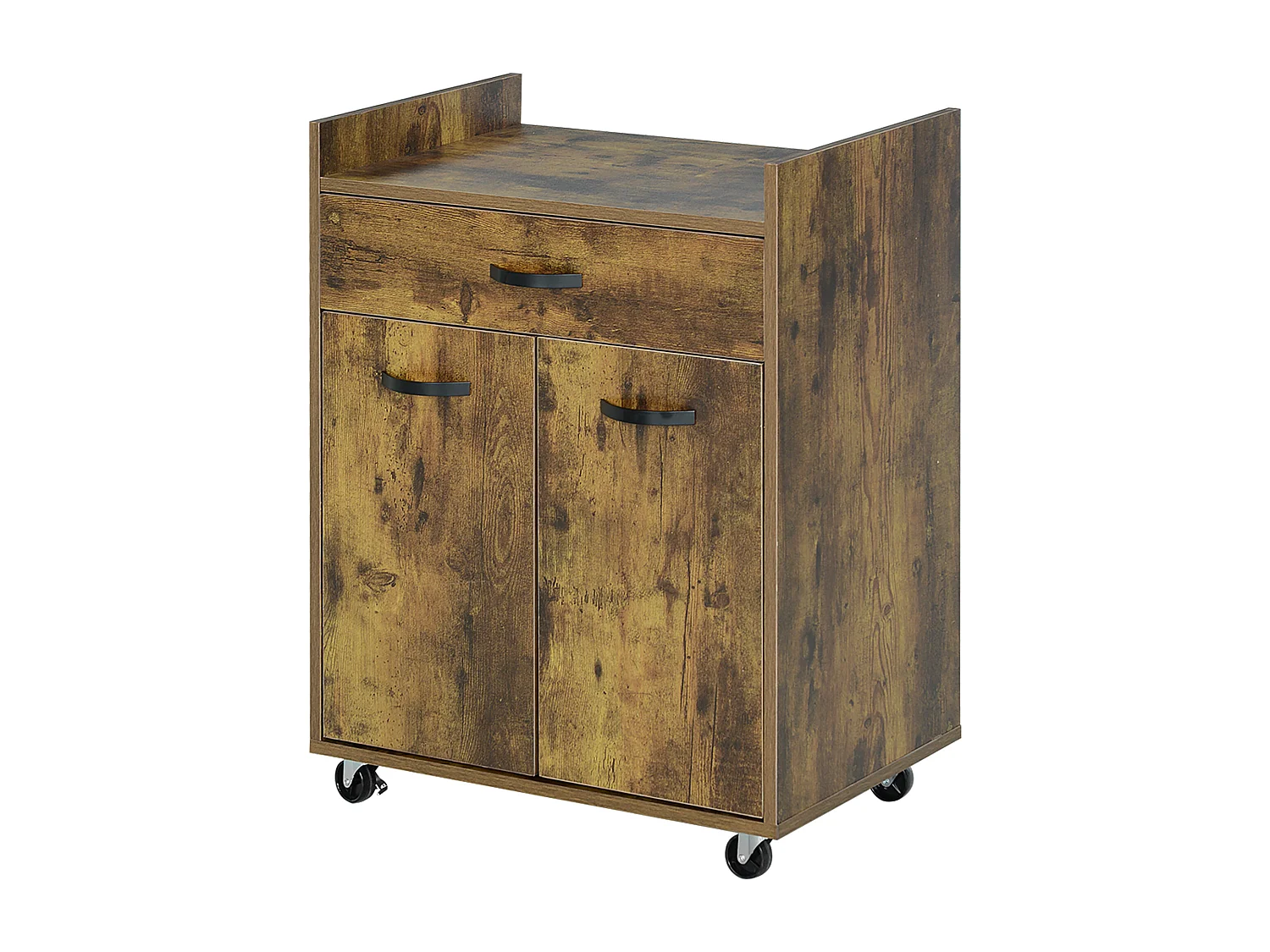 Chariot de service desserte de cuisine à roulettes tiroir placard 2 portes étagère aspect bois vieilli