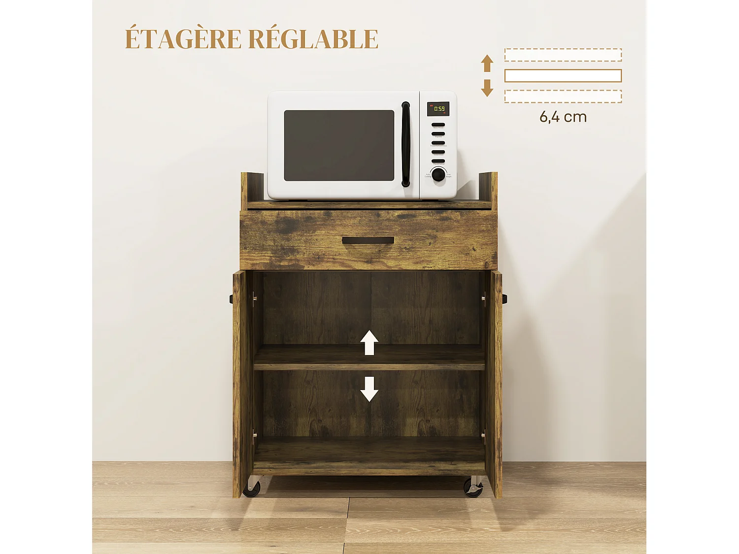Chariot de service desserte de cuisine à roulettes tiroir placard 2 portes étagère aspect bois vieilli