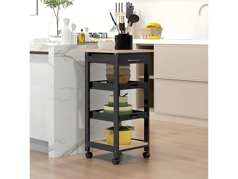 Chariot de service desserte de cuisine à roulettes 2 plateaux amovibles, tiroir, étagère MDF chêne clair bois pin noir