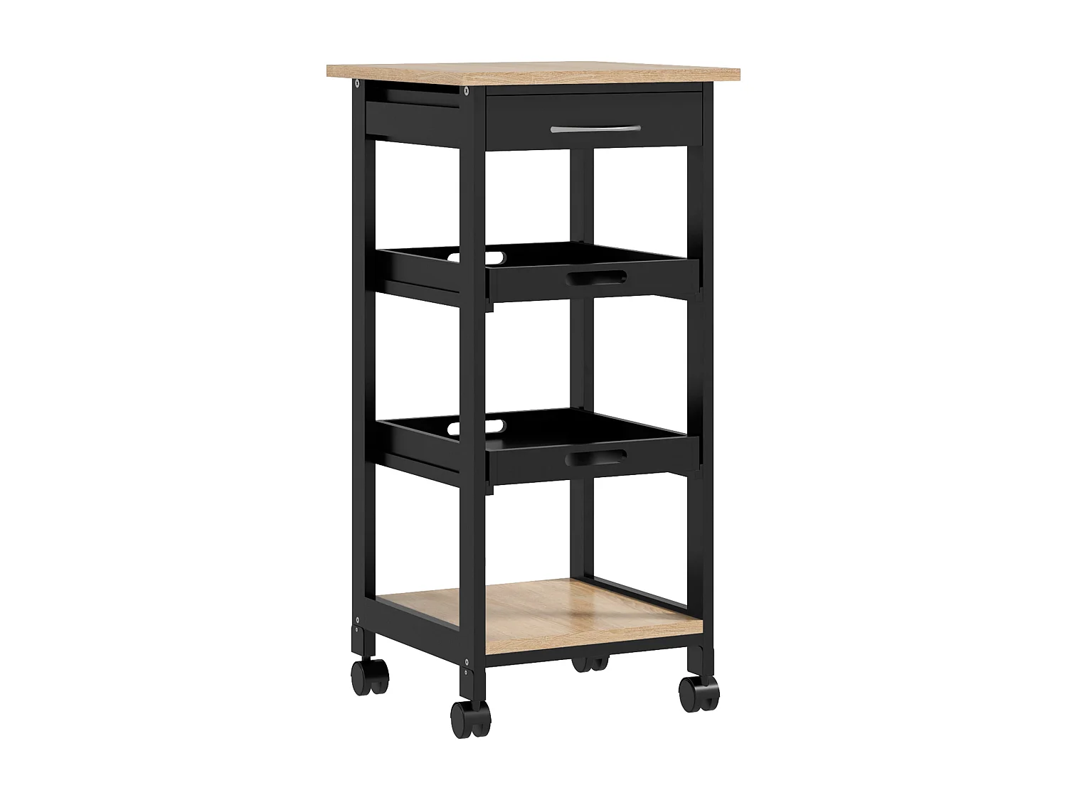 Chariot de service desserte de cuisine à roulettes 2 plateaux amovibles, tiroir, étagère MDF chêne clair bois pin noir