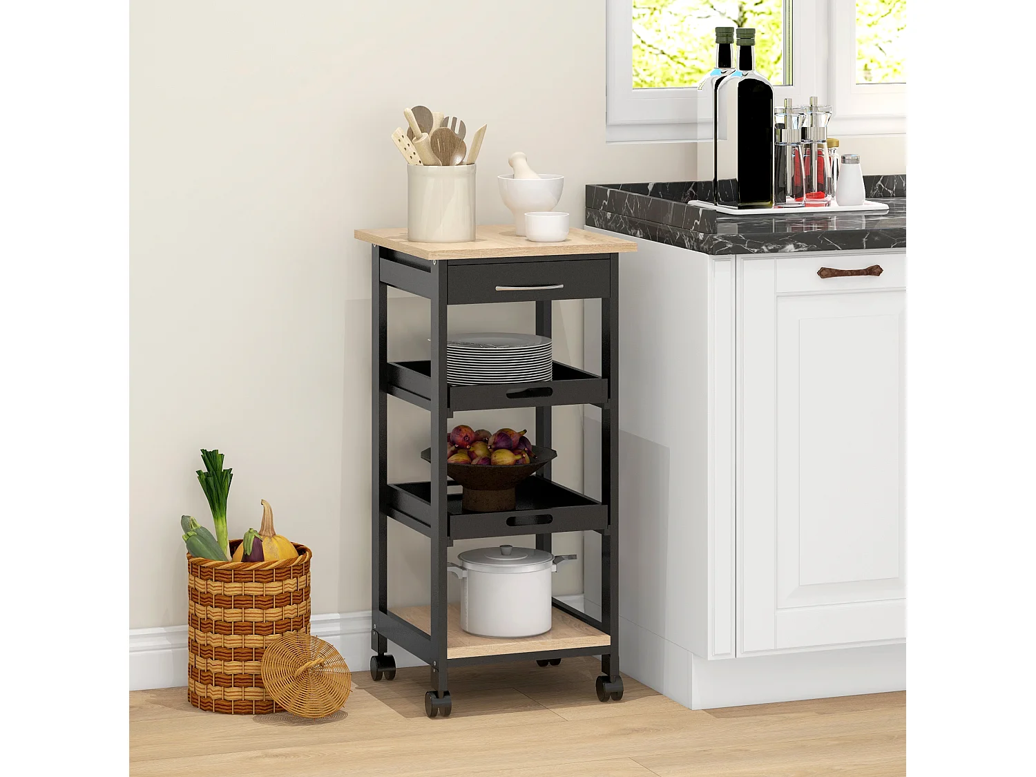 Chariot de service desserte de cuisine à roulettes 2 plateaux amovibles, tiroir, étagère MDF chêne clair bois pin noir