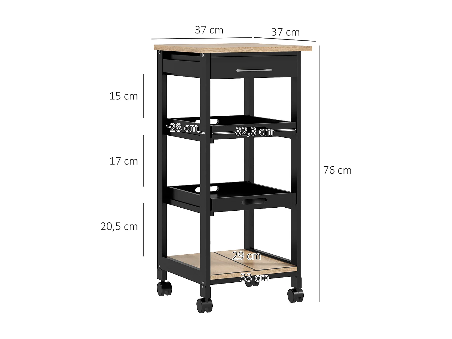 Chariot de service desserte de cuisine à roulettes 2 plateaux amovibles, tiroir, étagère MDF chêne clair bois pin noir