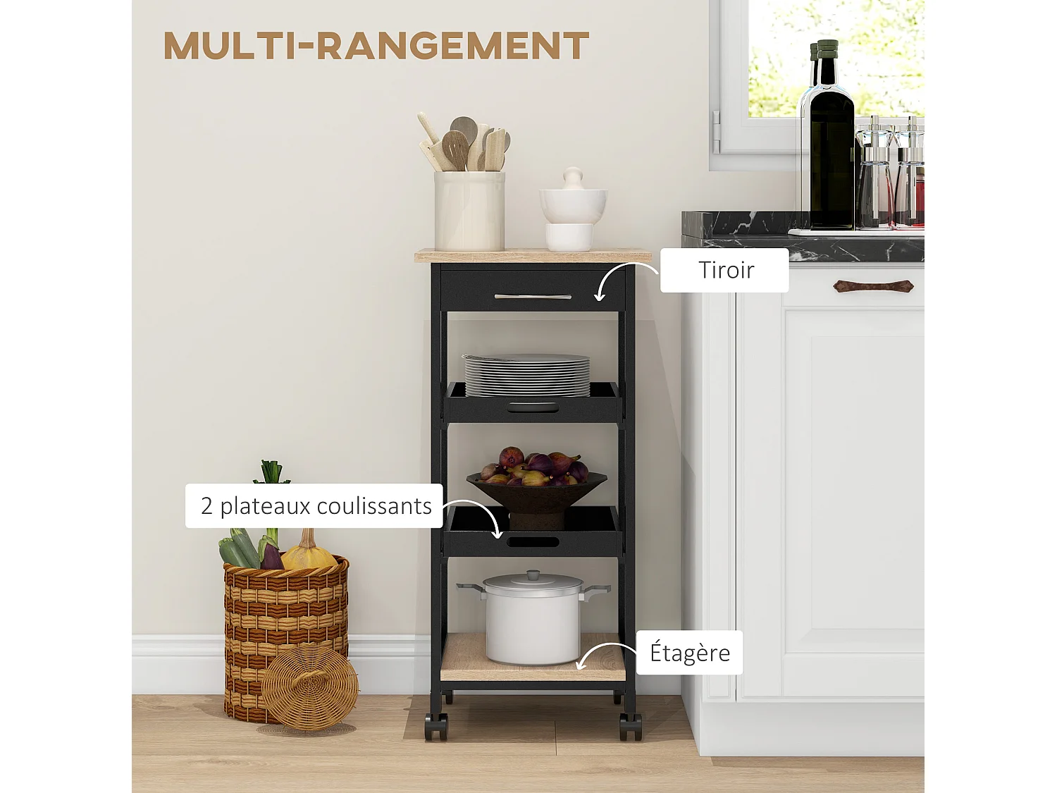Chariot de service desserte de cuisine à roulettes 2 plateaux amovibles, tiroir, étagère MDF chêne clair bois pin noir
